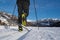 Male person cross-country skiing in beautiful winter landscape in mountains