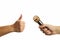 male person hold golden microphone. female person showing thumbs up gesture isolated on a white background. positive and
