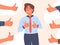 Male person positive approval. Man with thumbs up surrounded public positive respect opinion, acceptance, flat vector illustration