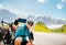 Male person takes selfie on solo bicycle touring vacation in scenic caucasus mountain region. Cycling adventure holiday