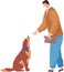 Male pet owner with dog training and playing. Dog, domestic animal follows command of guy