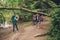 Male photographer is taking photo of his three friends near the lake in the spring wood, so beautiful nature! They are tourists, h