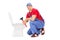 Male plumber sitting next to a toilet and holding a plunger