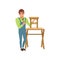 Male professional carpenter building wooden chair vector Illustration on a white background