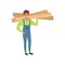 Male professional carpenter holding wooden planks vector Illustration on a white background