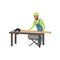 Male professional carpenter in uniform cutting a wooden plank with circular saw vector Illustration on a white
