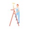 Male Professional Glass Cleaner with Ladder and Squeegee, Cleaning Company Staff Character Dressed in Uniform with
