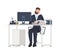 Male professional worker or clerk sitting at desk completely covered with documents. Tired or exhausted man working at