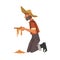 Male Prospector, Bearded Gold Miner Character Wearing Vintage Clothes and Hat Standing on his Knees and Panning Golden