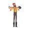 Male Prospector Standing with Shovel, Bearded Gold Miner Wild West Character Wearing Vintage Clothes Cartoon Style