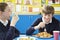 Male Pupil Eating Unhealthy School Lunch