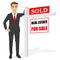 Male real estate agent standing next to a sold for sale sign