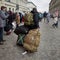 Male refugee carrying luggage at Przemysl train station near the Ukraine border with Poland