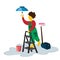 A male repairman fixes a light bulb while standing on a stepladder. Illustration in flat style.