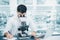 Male Research Medical Scientist Working With Microscope Testing Equipment in Laboratory, Professional Scientist Analyzing