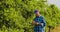 Male researcher looking at trees while writing on clipboard