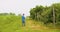 Male researcher looking at trees while writing on clipboard