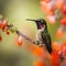 Male Ruby-throated Hummingbird (archilochus colubris) perched on a branch with flowers in the background