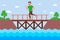 male runner crosses the river over a wooden bridge.