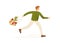 Male running carry string or turtle bag full of products vector flat illustration. Buyer man hurry or hustle holding