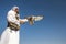 Male saker falcon during a falconry flight show in Dubai, UAE.