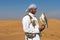 Male saker falcon during a falconry flight show in Dubai, UAE.