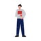 Male School Student, Smiling Teenage Boy Character Standing with Book Vector Illustration
