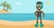 Male scuba diver on the beach vector illustration.