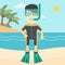 Male scuba diver on the beach vector illustration.