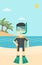 Male scuba diver on the beach vector illustration.