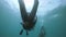 Male scuba divers swimming in deep open water in the ocean.