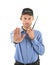 Male security guard with portable radio transmitter showing Stop gesture on white background