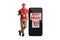 Male shop assistant gesturing holding a clipboard and leaning on a smartphone with text shop online