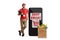 Male shop assistant holding a clipboard and leaning on a smartphone with text shop online and a grocery bag