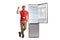 Male shop assistant leaning on a fridge and pointing up