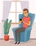 Male sits with tablet smartphone. Distance learning, freelance and internet entertainment