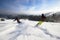 Male skiers freeriding on wide open mountain slope. Extremal skiing down between low fir trees. Panoramic mountain view.