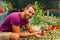 Male smiling gardener holds a pot in his hand and inspects mammillaria cactus seedlings. Among many other plants and succulents.