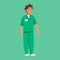 Male social worker or nurse wearing a green uniform on a green background. Flat style Vector illustration.