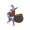 Male Sorcerer with Cauldron of Potion, Bearded Wizard Character Wearing Blue Mantle with Stars and Pointed Hat Vector