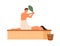 Male steaming female holding bath broom vector flat illustration. Woman wrapped in towel lying on wooden bench enjoying
