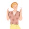 Male in Straw Hat Showing Crossed Fingers as Hand Gesture Wishing for Luck Vector Illustration