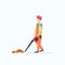 Male street cleaner holding leaves blower man in uniform cleaning service concept full length flat white background