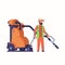 Male street janitor using industrial vacuum cleaner man in uniform vacuuming garbage streets cleaning service concept
