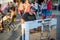 A male street performer sat at a piano on the cobbles of The Old Town Square, Prague, Czech Republic