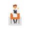 Male Student Sitting at Desk in Classroom with Riswd Hand, Schoolboy Studying at School, College Vector Illustration