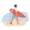 Male surfer goes with surfboard near the sea water. Guy in swimwear walks on sand. Surfer man on beach water summer activity