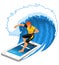 Male Surfer Rides Big Wave Standing On Smartphone.