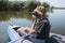 Male swim on kayak in the river