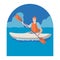 Male swims in kayak on river. Swimming and tourism. Preparation for competitions on water